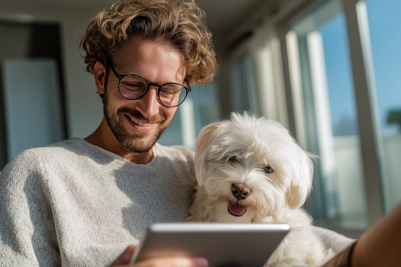 Tutor revisando la ficha de su perro maltés desde una tablet