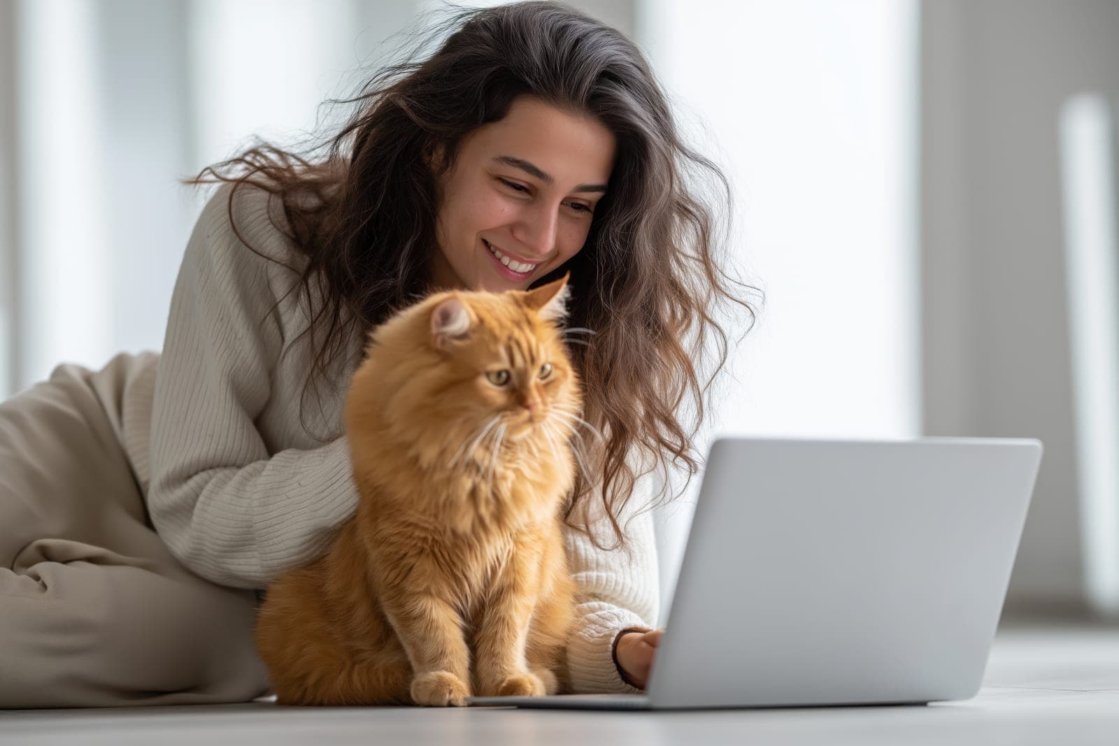 Tutora agendando una hora veterinaria online junto a su gato naranjo